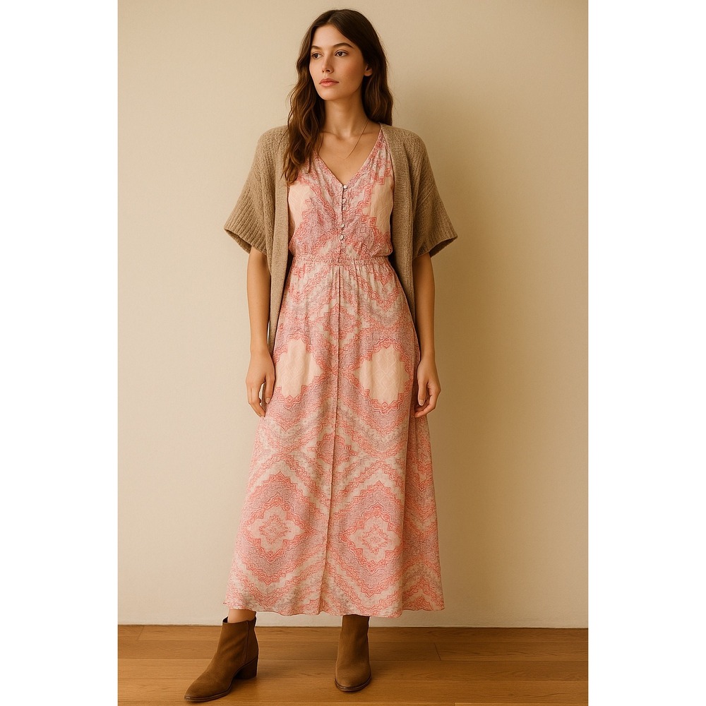 Boho maxi dress flutter sleeves button front vintage inspired cottagecore soft M